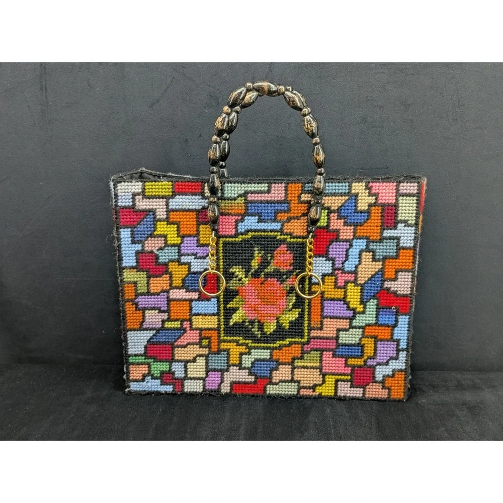 VTG Handmade Plastic Canvas Bead Handle Purse Tote Roses Geometric Shapes NM